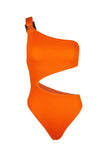 Orange Asymmetric One Shoulder Cut out Rib Textured One-piece Swimwear LC443025-14