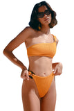 Yellow One-shoulder Rib Knit Bikini with Buckled Detail LC433264-7