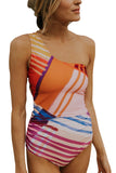 Pink One-shoulder Print Cut out One-piece Swimwear LC443033-10