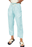 Sky Blue Black/Sky Blue/Green/Beige Solid Pocketed Drawstring High Waist Pants LC772908-4