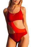 Red Triple Colorblock Hollow-out Lace up Back Monokini LC443043-3