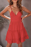 Red White/Black/Red/Yellow/Pink Spaghetti Straps V Neck Lace Bodice Ruffled Mini Dress LC225156-3