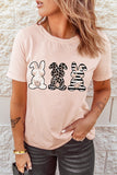 Pink Bunny Print Leopard Striped Short Sleeve T-shirt