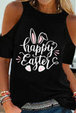 Black Happy Easter Bunny Print Cold Shoulder Graphic Tee LC25214644-2