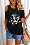 Black Happy Easter Bunny Print Cold Shoulder Graphic Tee LC25214644-2
