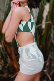 Green Sexy Asymmetrical Neck Geometrical Print Cut Out One Piece Swimwear  LC442722-9