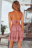 Pink White/Black/Red/Yellow/Pink Spaghetti Straps V Neck Lace Bodice Ruffled Mini Dress LC225156-13
