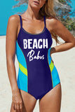 Blue Letters Print Athletic Color Block Spaghetti Straps One-piece Swimsuit LC443071-5