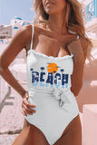 Beach Sunset Print Frilled Neckline Spaghetti Straps One-piece Swimsuit