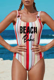 Beach Babes Buckled Vertical Stripes Backless One Piece