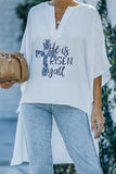 White Casual Easter Day Letter Print High Low Slit Blouse Top LC2552421-1