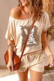 LC15130-15-S, LC15130-15-M, LC15130-15-L, LC15130-15-XL, LC15130-15-2XL, Beige Leopard & Glasses Bunny Raglan Tee and Shorts Lounge Set