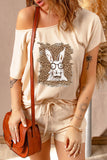 LC15130-15-S, LC15130-15-M, LC15130-15-L, LC15130-15-XL, LC15130-15-2XL, Beige Leopard & Glasses Bunny Raglan Tee and Shorts Lounge Set