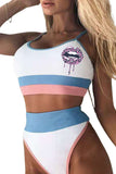 White Leopard Lip Shape Print Color Block High Waist Bikini Swimsuit LC433313-1