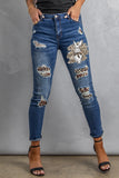 LC787142-20-S, LC787142-20-M, LC787142-20-L, LC787142-20-XL, LC787142-20-2XL, Easter Leopard Bunny Print Patchwork Distressed Skinny Jeans