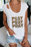 White PRAY Letter Leopard Print Short Sleeve Graphic Tee LC25214731-1