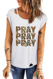 White PRAY Letter Leopard Print Short Sleeve Graphic Tee LC25214731-1