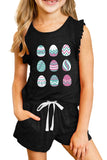 TZ301-2-S, TZ301-2-M, TZ301-2-L, TZ301-2-XL, TZ301-2-XXL, Black Easter Egg Print Ruffled Sleeveless Top and Shorts Girl's Lounge Set