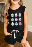 TZ301-2-S, TZ301-2-M, TZ301-2-L, TZ301-2-XL, TZ301-2-XXL, Black Easter Egg Print Ruffled Sleeveless Top and Shorts Girl's Lounge Set