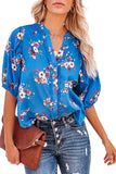 Blue Floral Print Puff Sleeve Buttons Blouse LC2552424-5