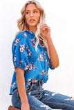 Blue Floral Print Puff Sleeve Buttons Blouse LC2552424-5