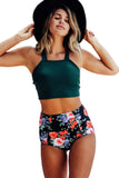 Green Solid Swim Top and Floral High Waist Bathing Suit LC433318-9
