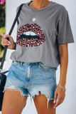 Leopard Lip Print Colorblock Gray Round Neck T-shirt