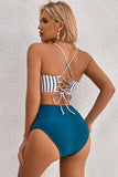 Sky Blue Crisscross Tie up Striped Swim Top and Laser Cut Bottoms Bikini Set LC433324-4