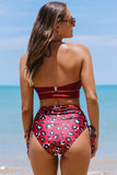 Red Halter Leopard Side Drawstring Bikini Set LC433325-3