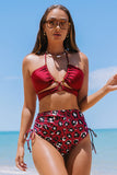 Red Halter Leopard Side Drawstring Bikini Set