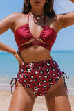 Red Halter Leopard Side Drawstring Bikini Set LC433325-3