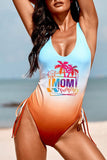 Hot Mom Summertime Tropical Print Drawstring One-piece Swimwear