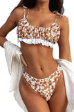 Khaki Floral Print Ruffled Ruched Spaghetti Strap Bikini Swimwear LC433316-16
