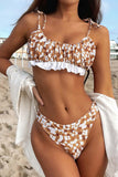 Khaki Floral Print Ruffled Ruched Spaghetti Strap Bikini Swimwear LC433316-16