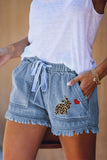 Sky Blue Casual Easter Day Leopard Heart Print Graphic Denim Short  LC731043-4