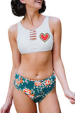 Green Watermelon Heart Floral Print Cut-out Sleeveless Bikini Swimsuit LC433331-9