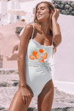 White Graphic Print Ruffled Belted Spaghetti Strap One-piece Swimsuit LC443101-1