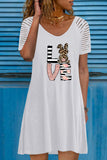 White LOVE Rabbit Leopard Striped Print Short Sleeve T-shirt Dress