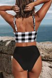 Black Plaid Print Spaghetti Straps High Waist Bikini Swimsuit LC433328-2