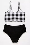 Black Plaid Print Spaghetti Straps High Waist Bikini Swimsuit LC433328-2