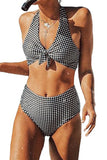 Black Plaid Print Bow Front Criss Cross High Waist Bikini Swimwear LC433329-2