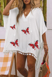 Butterfly Heart Print Hooded Tassel Relaxed Beach Cover Up
