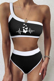 One Shoulder  Butterfly Color Block Ribbed High Waist Swimsuit