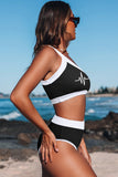 Black Butterfly Color Block Ribbed One Shoulder High Waist Swimsuit LC433337-2