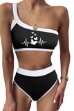Black Butterfly Color Block Ribbed One Shoulder High Waist Swimsuit LC433337-2