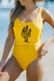Yellow Cactus Print Belted One-piece Swimwear