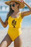 Yellow Not a hugger Cactus Print Belted One-piece Swimwear LC443111-7