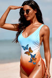 Sky Blue Butterfly Gradient Color Print Side Shirring One-piece Swimsuit LC443113-4