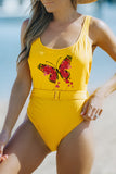 Butterfly Print Backless Belted Waist One-piece Swimsuit