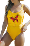 Yellow Butterfly Print Belted Ribbed Backless One-piece Swimwear LC443114-7